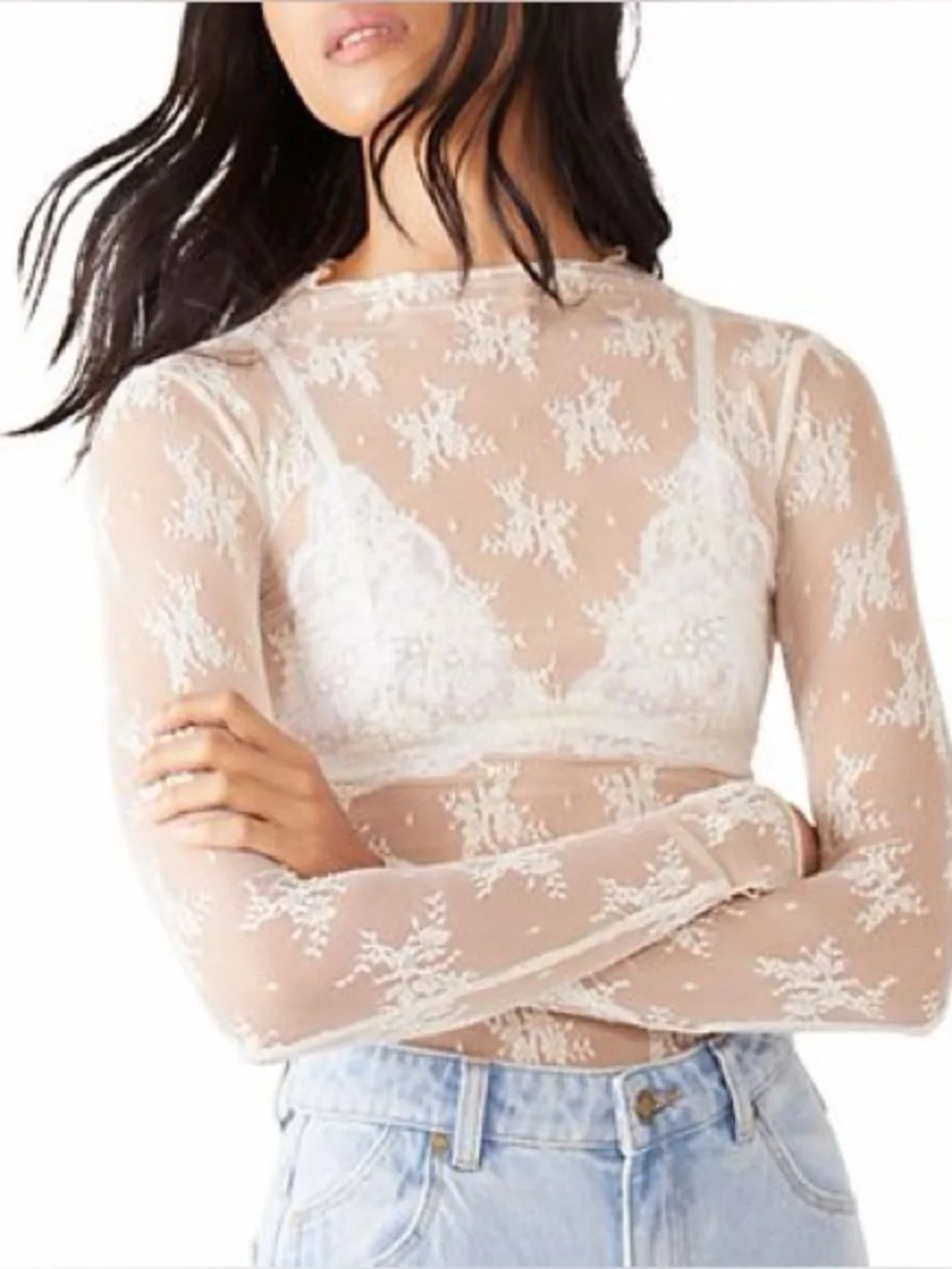 FREE PEOPLE Lady Lux Long Sleeve Mock Neck Shirt Sheer Lace Eveningn Crème